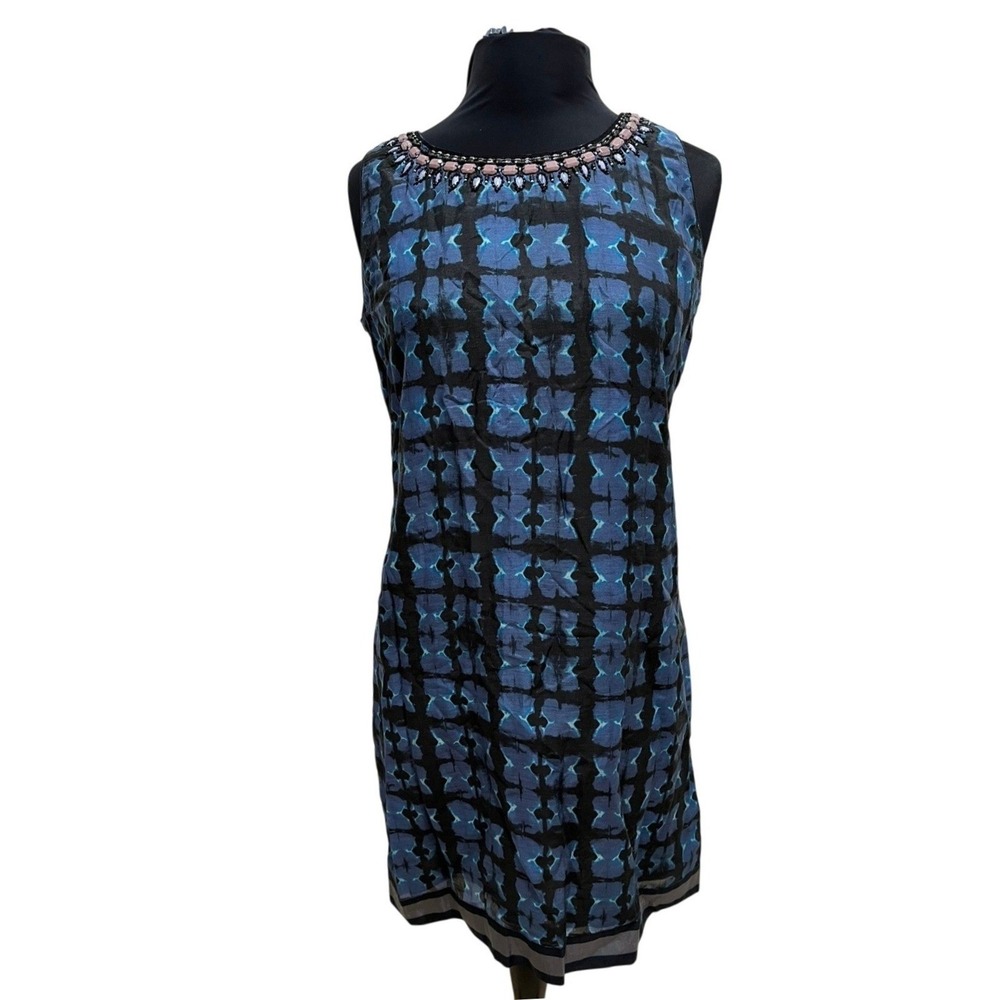 Bella Tu Sleeveless Embellished Tie Dye Shift Dress Blue Black Viscose RN 137135